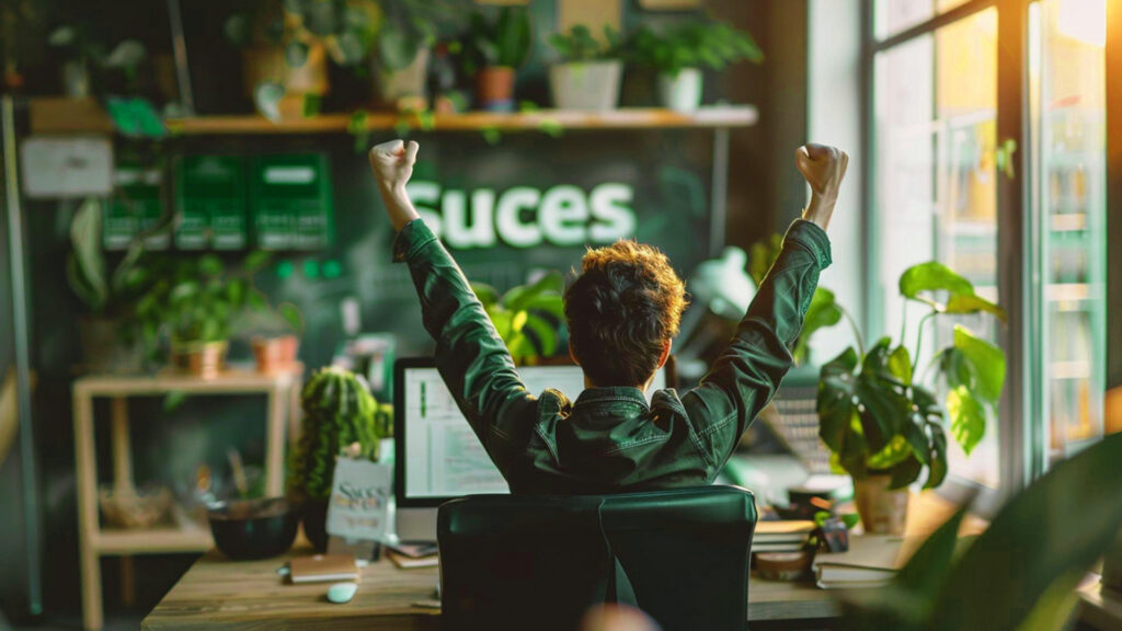 Business professional celebrating after successful workload management