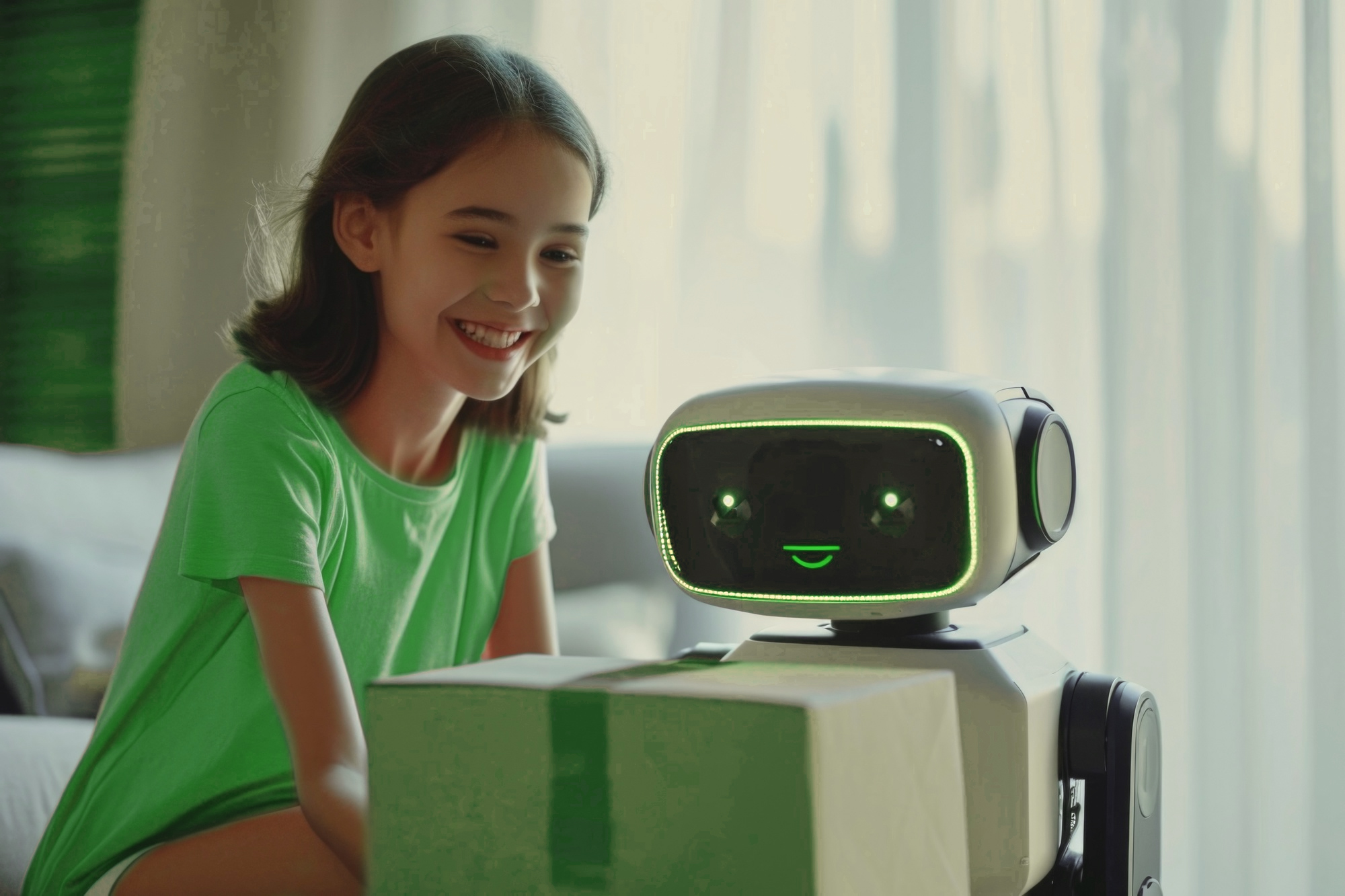 Girl smiling at Rrobot holding retail boxes to represent AI in omnichannel support