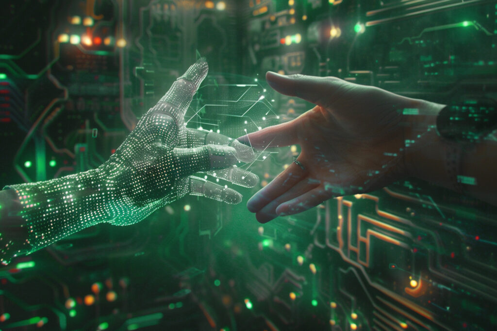 Hands reaching out, with one hand interacting with an AI in customer service system