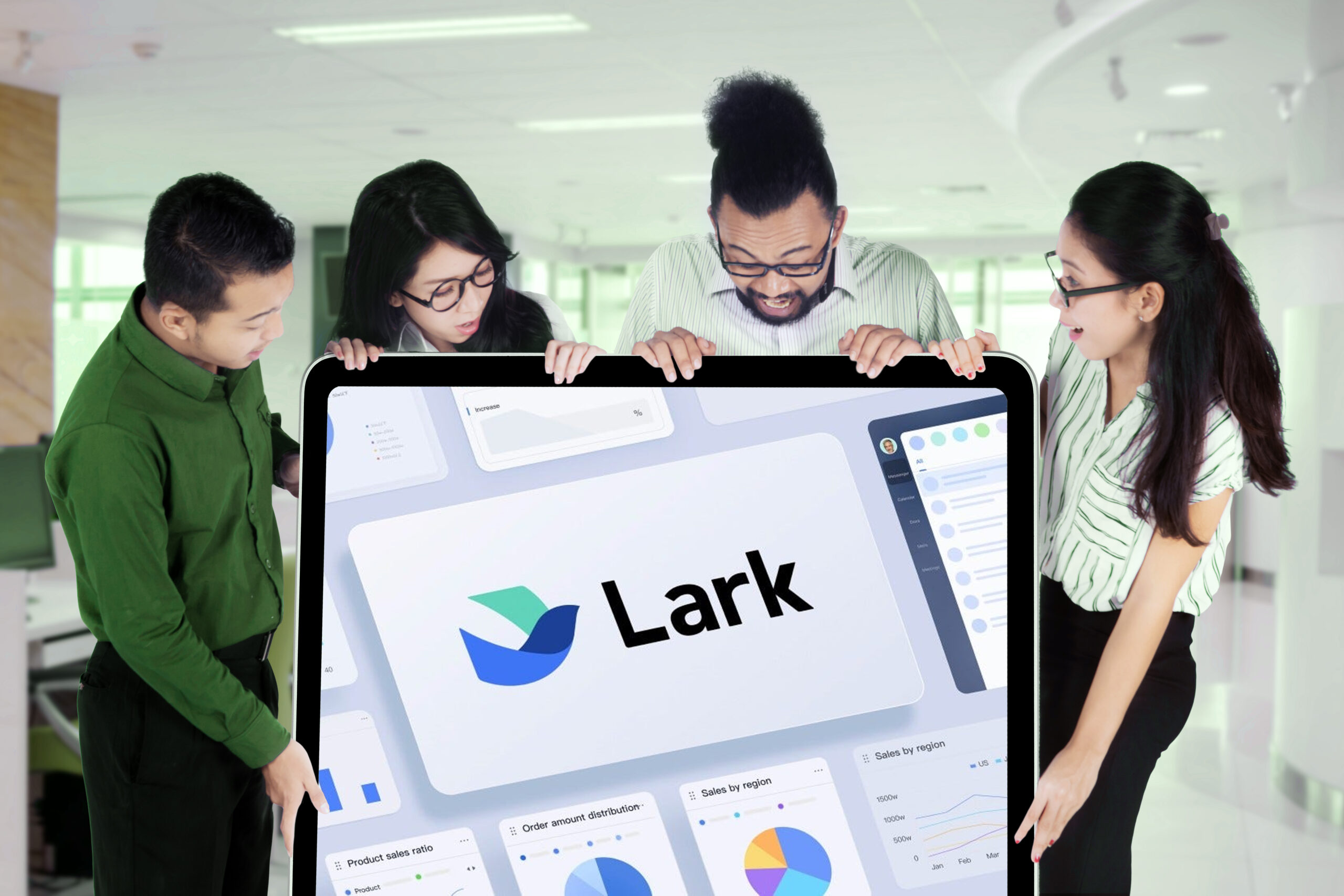 Employees viewing the Lark superapp interface on a large screen during a presentation
